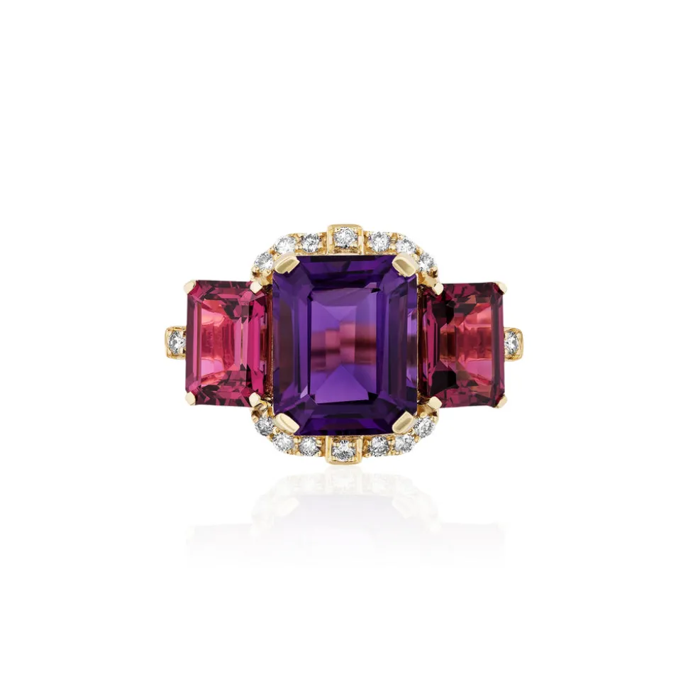 3 Stone Emerald Cut Amethyst & Garnet Ring