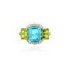 3 Stone Emerald Cut Blue Topaz & Peridot Ring