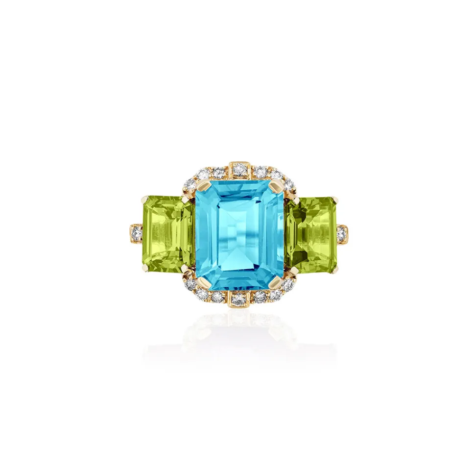 3 Stone Emerald Cut Blue Topaz & Peridot Ring