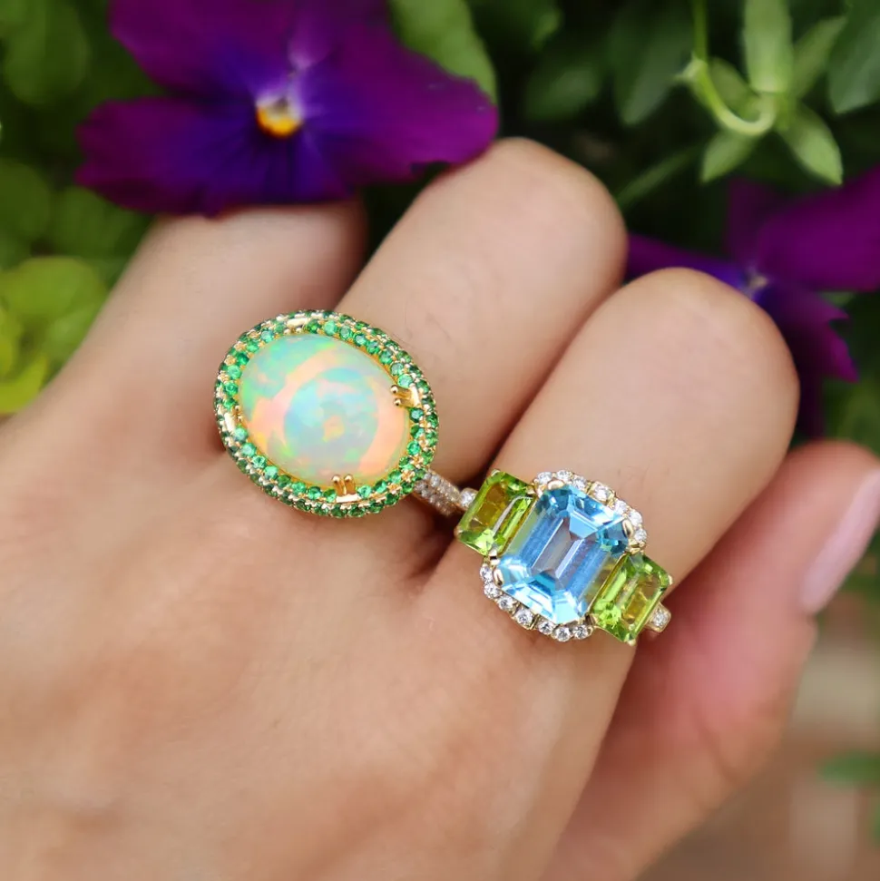 3 Stone Emerald Cut Blue Topaz & Peridot Ring