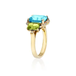 3 Stone Emerald Cut Blue Topaz & Peridot Ring