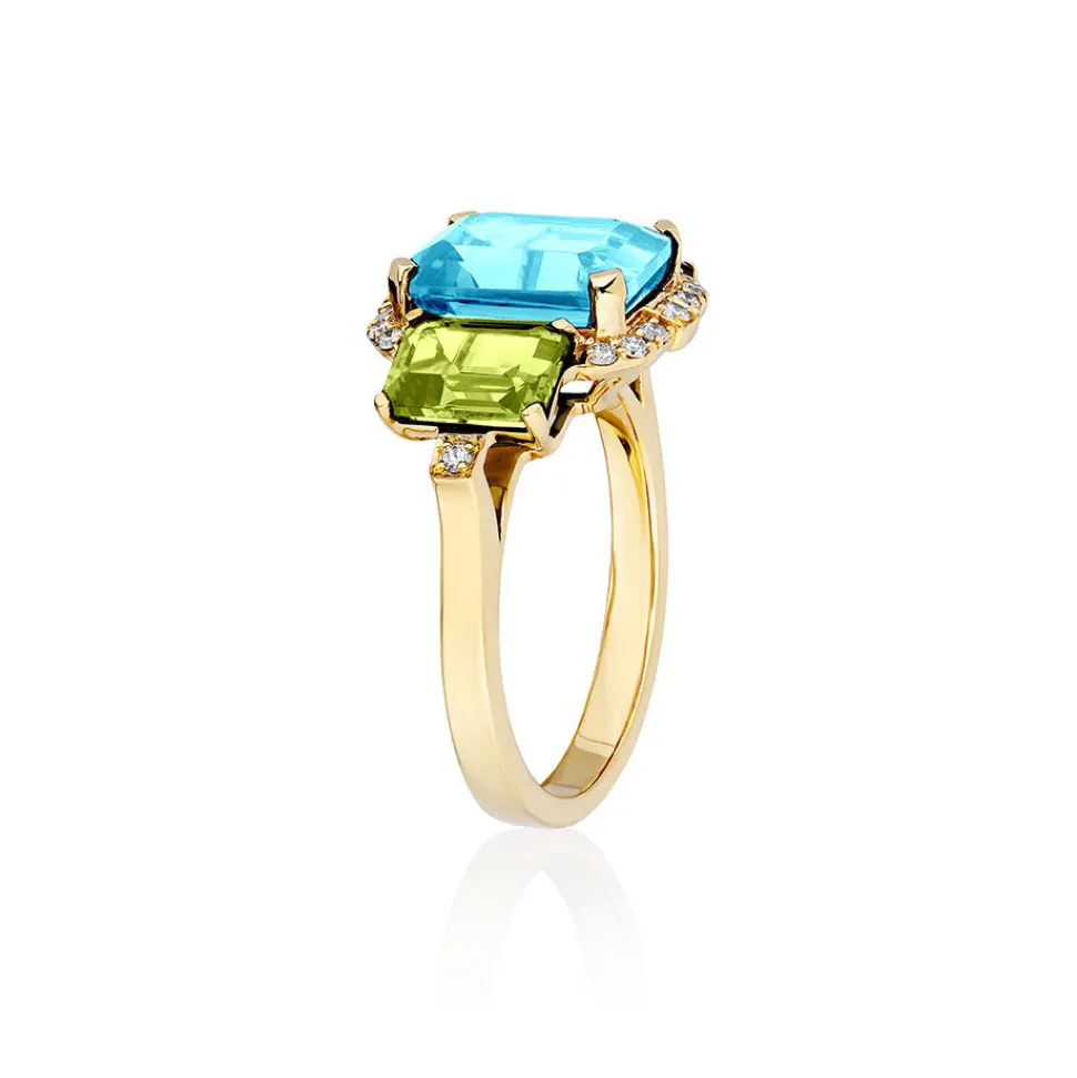 3 Stone Emerald Cut Blue Topaz & Peridot Ring