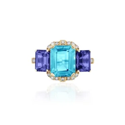 3 Stone Emerald Cut Blue Topaz & Tanzanite Ring
