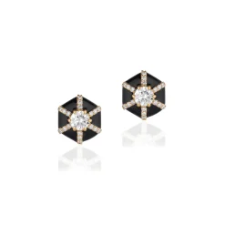 Black Enamel and Diamond Hexagon "Queen" Stud