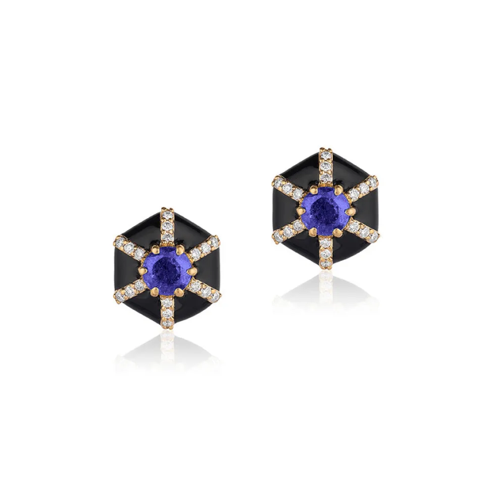 Black Enamel and Tanzanite Hexagon "Queen" Stud