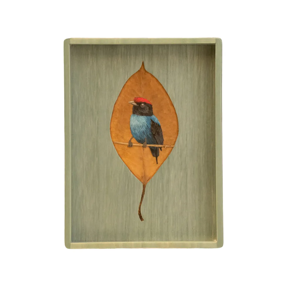 Blue Vide Poche with Embroidered Leaf Bird