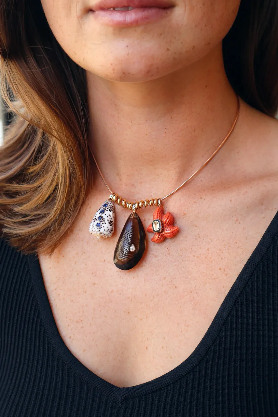 Carved Smokey Quartz Mussel Shell Pendant