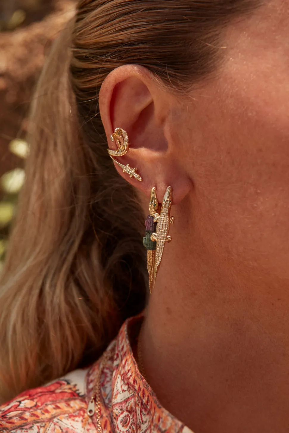 Gold Alligator Bite Earring & Pendant
