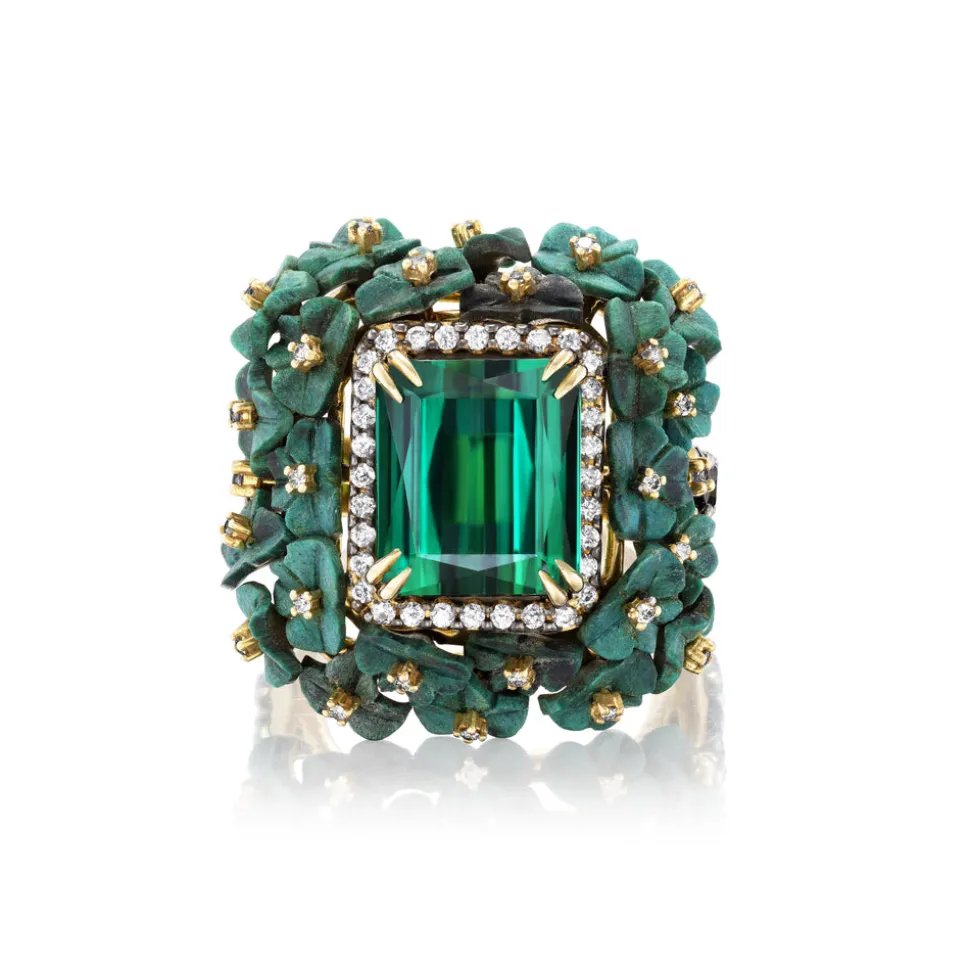 Green Tourmaline & Carved Wood Flower Ring