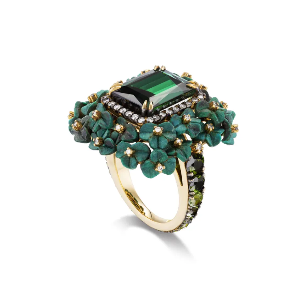 Green Tourmaline & Carved Wood Flower Ring