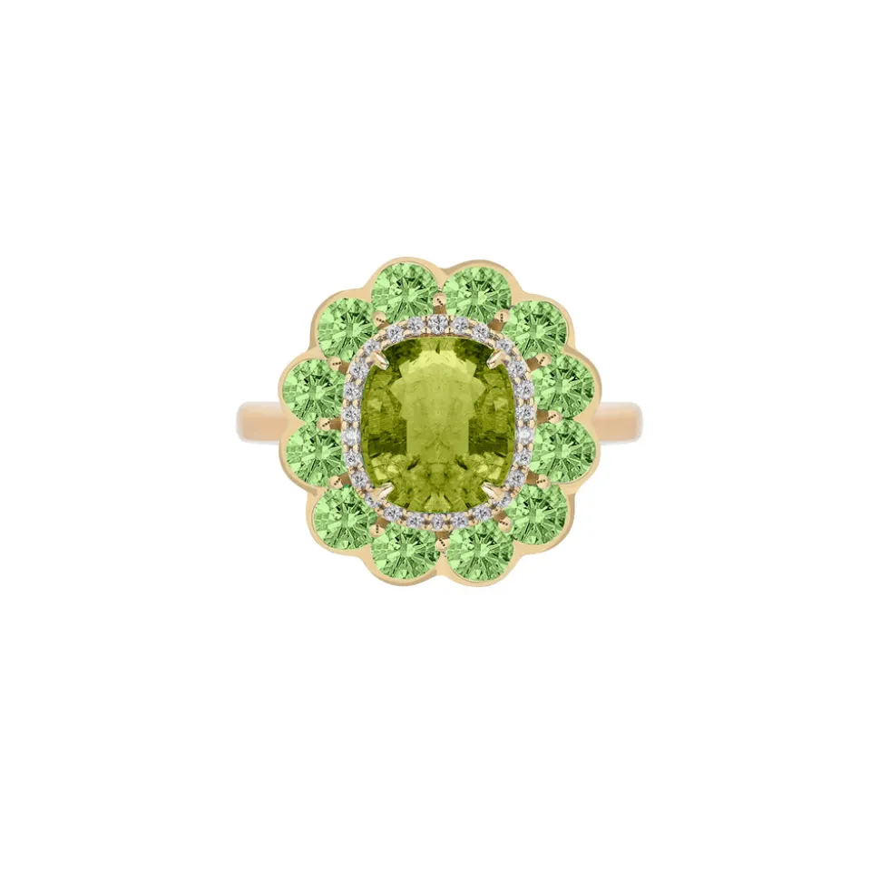 Green Tourmaline and Tsavorite Cushion Ring