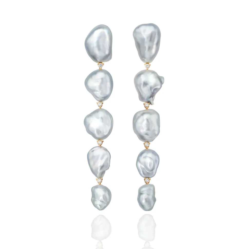 Long Keshi Pearl Earrings with Diamonds