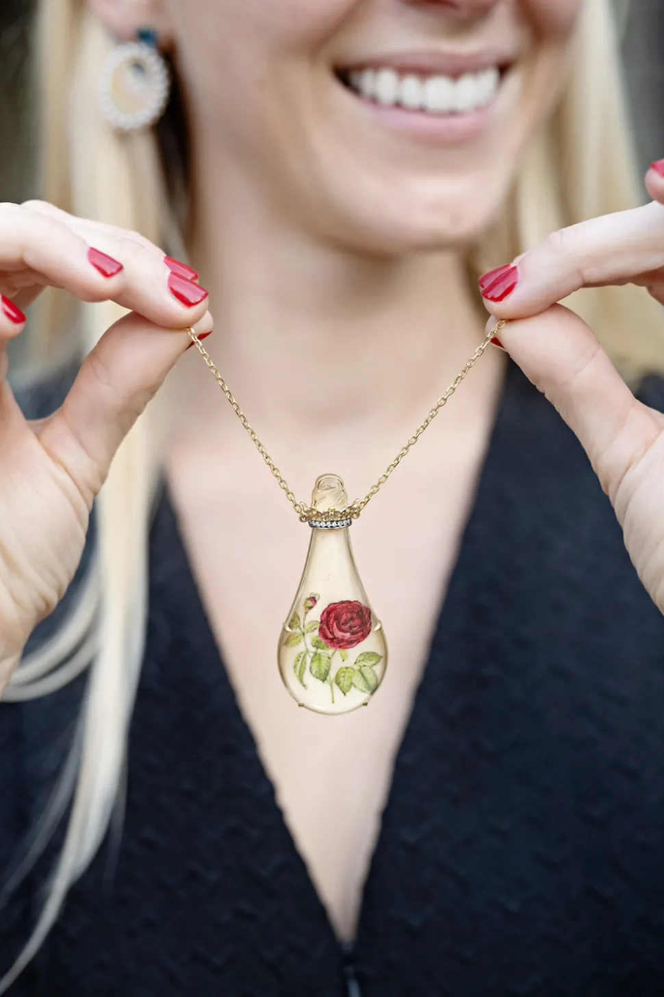 Miniature Rose Painting in a Bottle Necklace