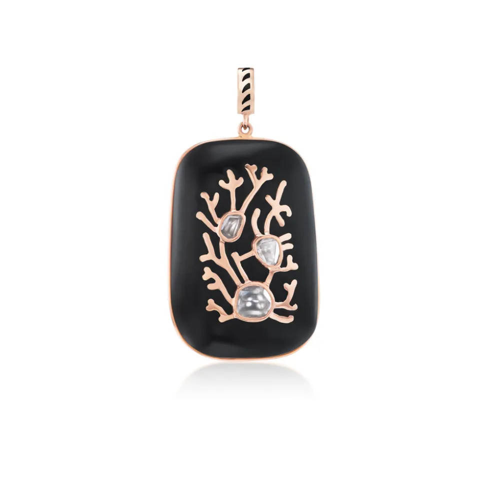 Onyx and Polki Diamond Pendant with Coral Motif