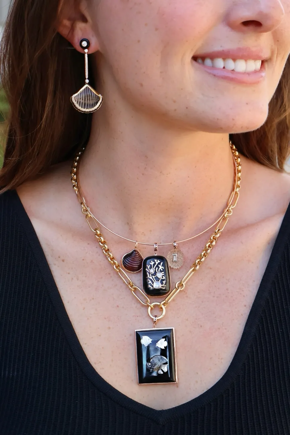 Onyx and Polki Diamond Pendant with Coral Motif