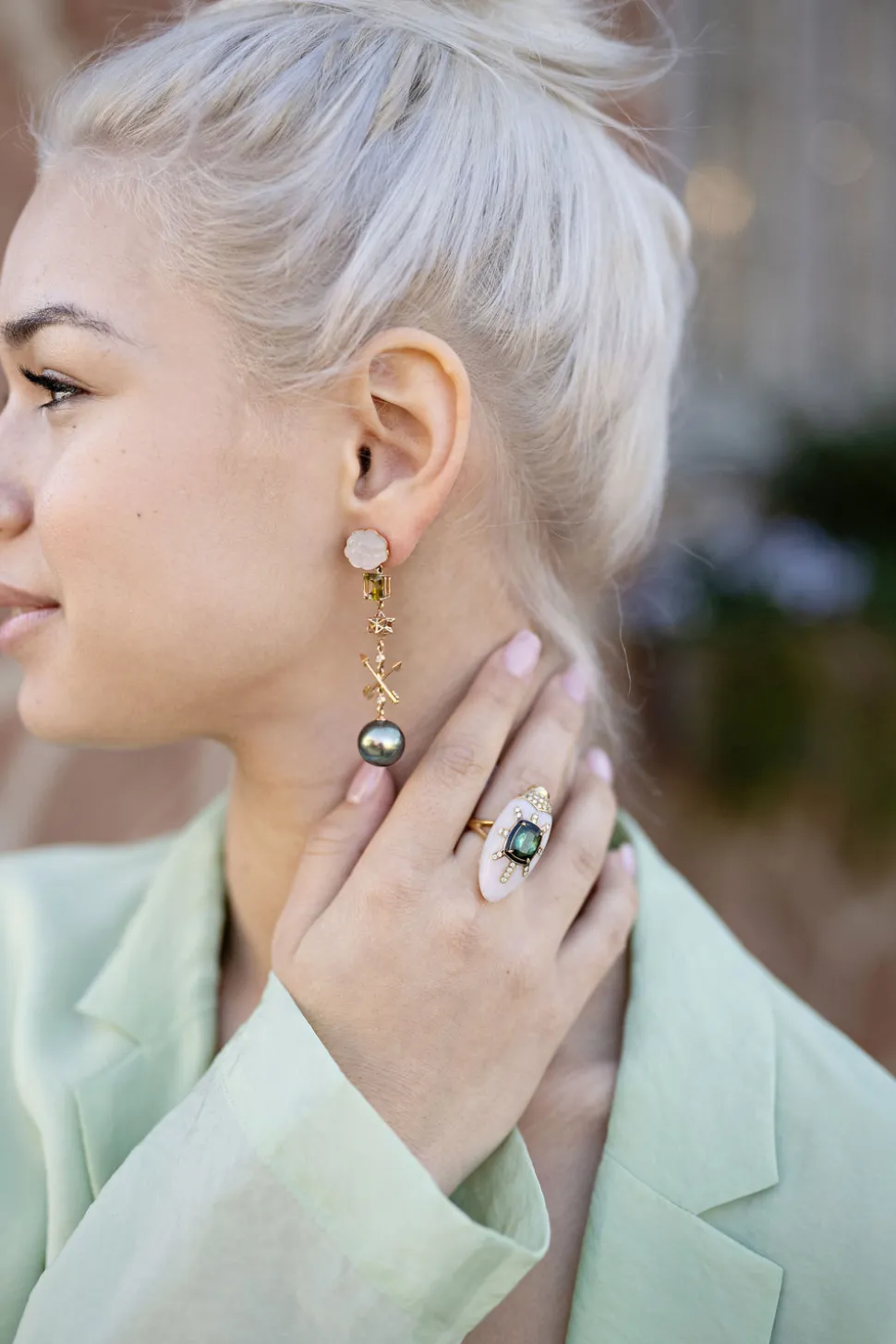 Pink Opal Scarab Ring with Green Tourmaline
