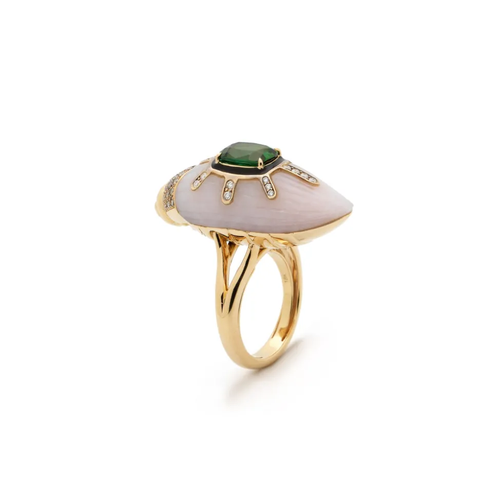 Pink Opal Scarab Ring with Green Tourmaline