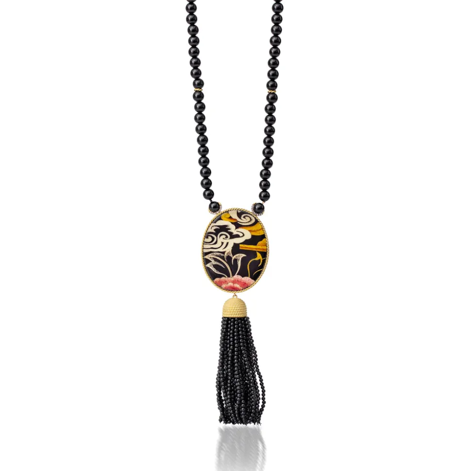 Tibetan Rose & Onyx Tassel Necklace