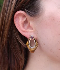 Tiger's Eye Nomad Doorknocker Earrings with Pink Spinel
