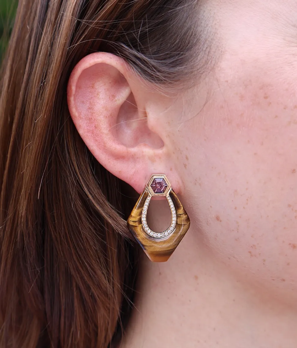 Tiger's Eye Nomad Doorknocker Earrings with Pink Spinel