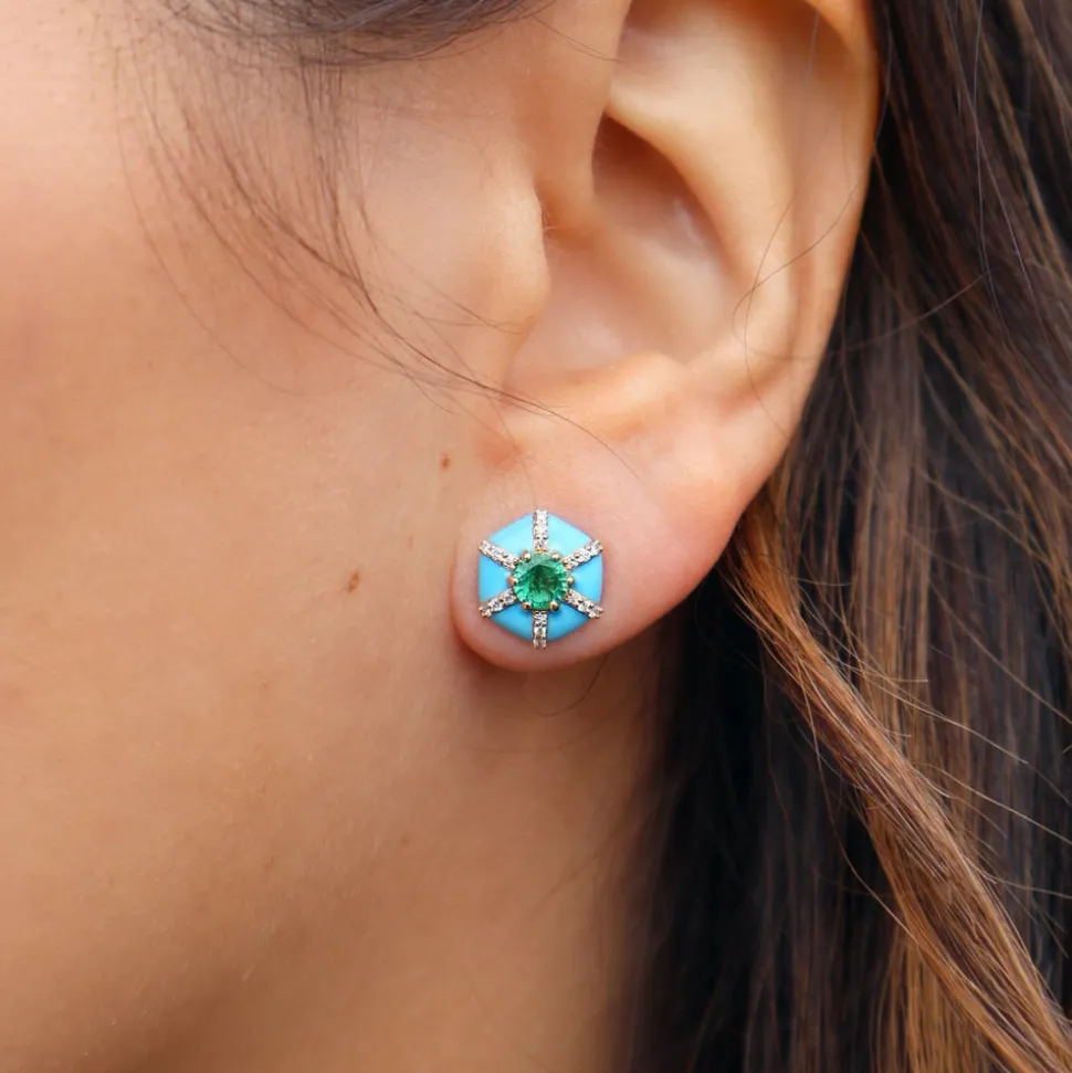 Turquoise Enamel and Emerald Hexagon "Queen" Stud